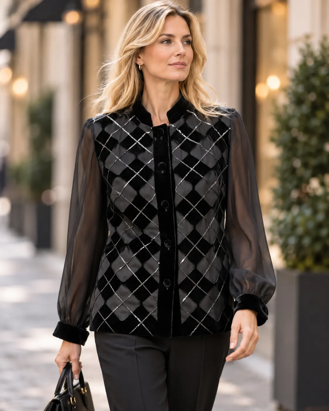 Daniela Sivelli, Giacca georgette in seta, sovrapposizioni velluto — collezione A/I 26, Milano